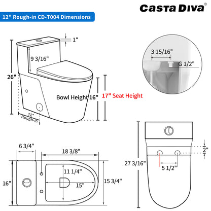 Casta Diva One-Piece Toilet, Elongated, 12'' Rough in, Dual Flush 1.0/1.6 GPF, White | CD-T004