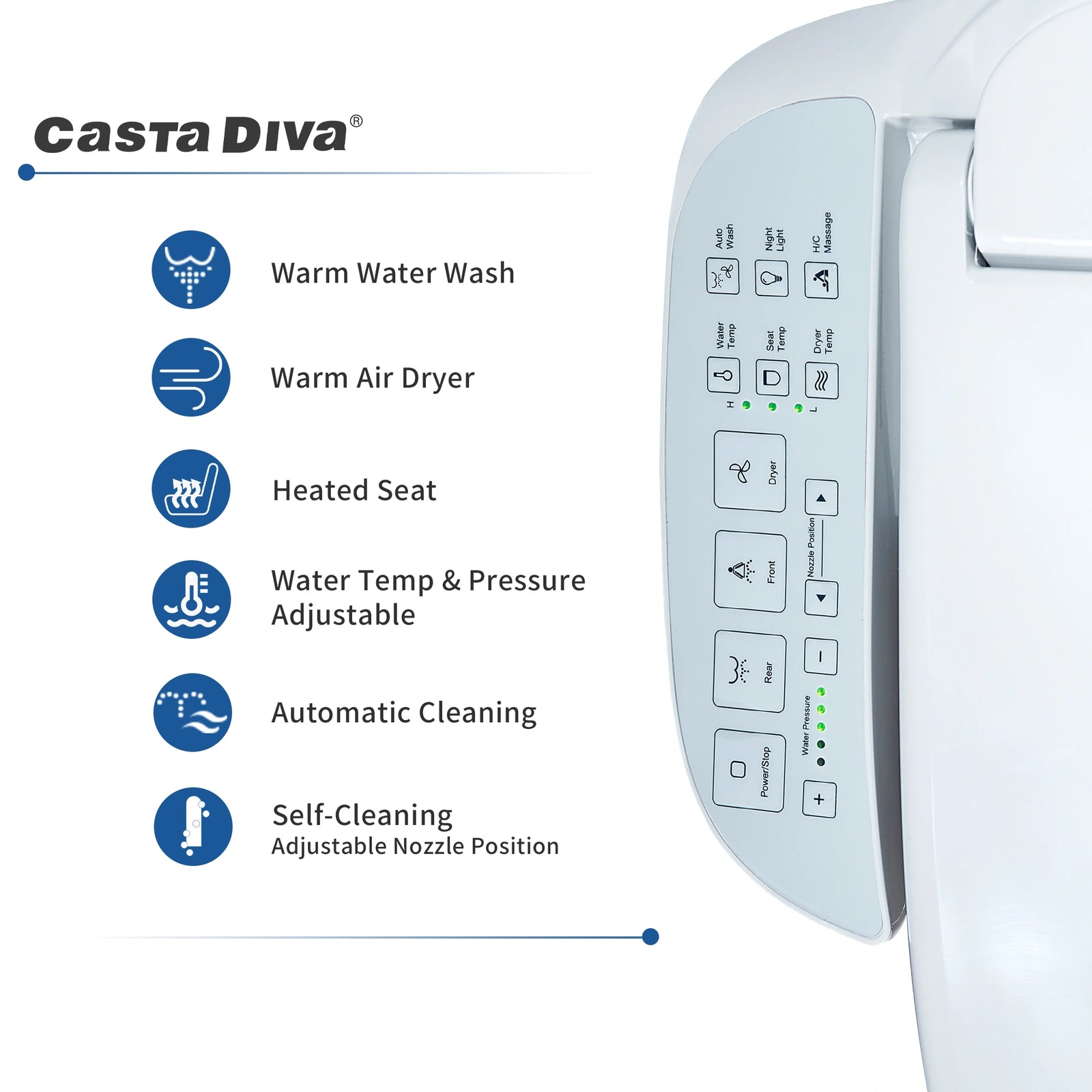 Casta Diva Elongated Electric Bidet Toilet Seat with Side Panel  CD-BT05-2