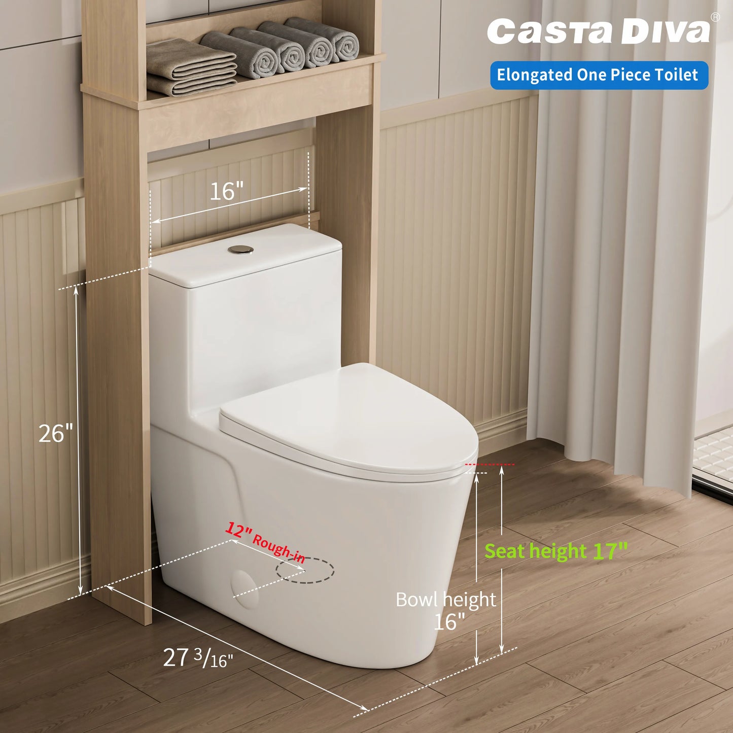 Casta Diva One-Piece Toilet, Elongated, 12'' Rough in, Dual Flush 1.01.6 GPF, White  CD-T004-2