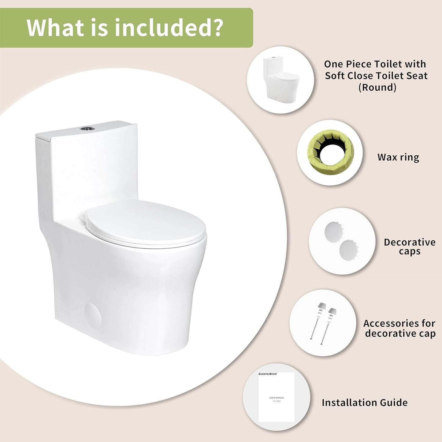 Casta Diva One-Piece Toilet, Round, 12'' Rough-in, Dual Flush 0.91.28GPF, White  CD-T003-8